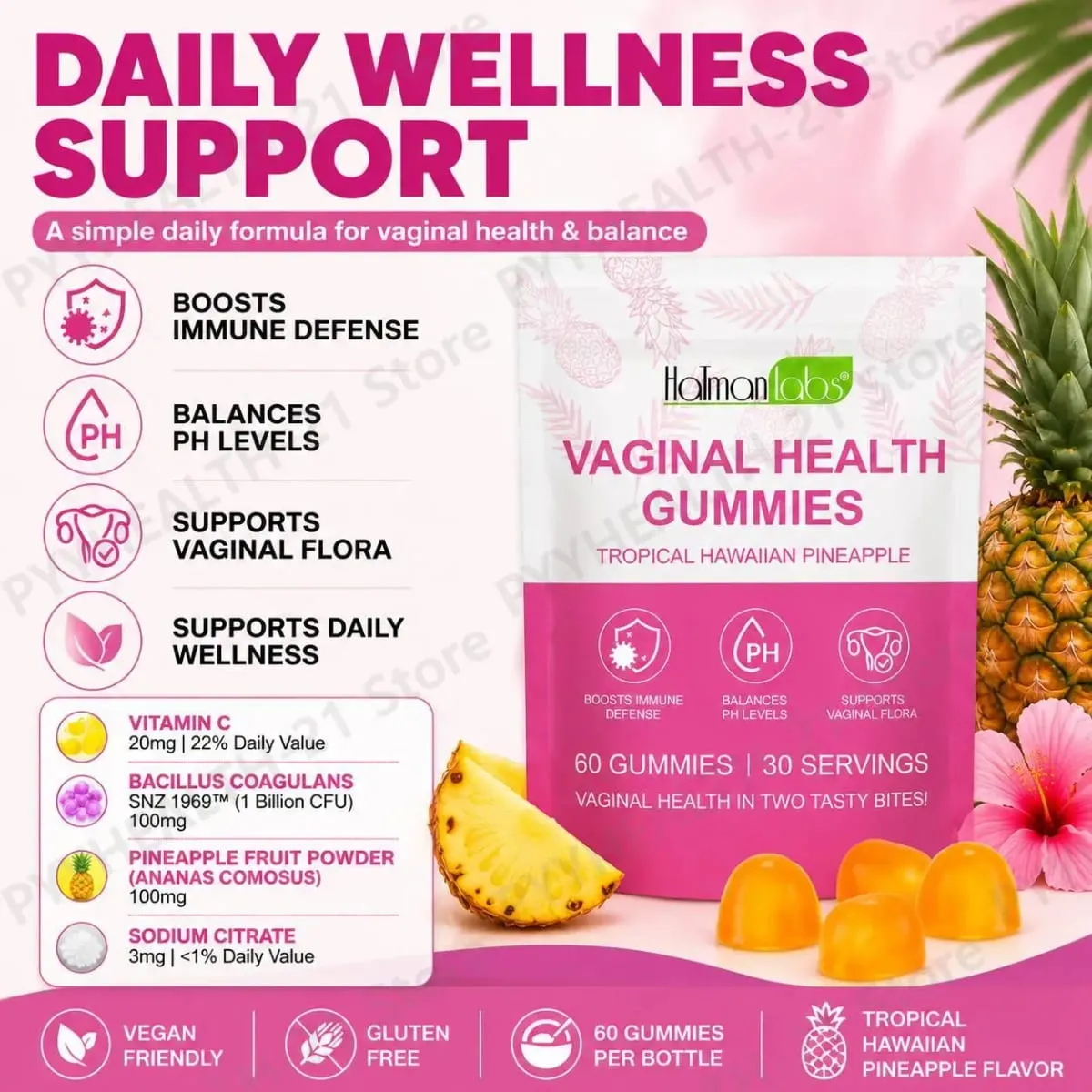 HalmanLabs Vaginal Health Gummies Probiotic Vitamin C Balance PH Levels Support Flora Immune Defense 60 Count Pineapple Women