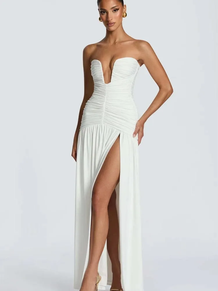 Women Elegant Deep V-neck Pleated Strapless Dress Chic Off-shoulder Backless Split Maxi Dresses 2026 Lady Evening Party Vestidos