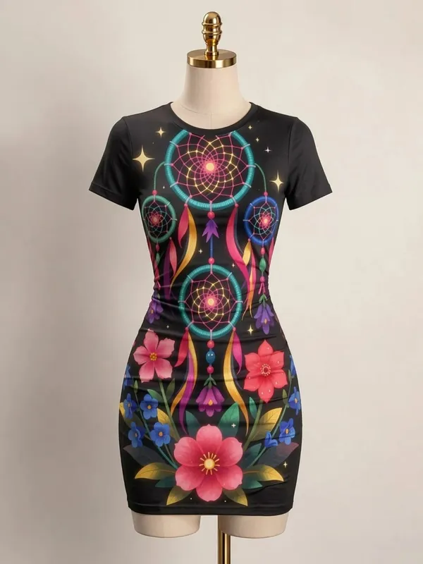 Womens Short Sleeve Bodycon Mini Dress Slim Fit Crew Neck Floral Print Casual Summer Party Cute Modern Holiday Vacation Sundress