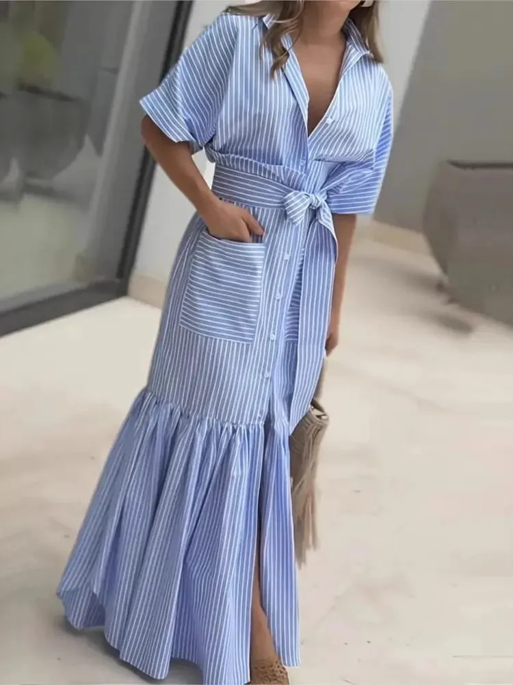 Striped Short Sleeved Loose Mid Length Lace Up Waist Dress With Single Breasted Pocket Shirt Dresses For Women Ropa Mujer