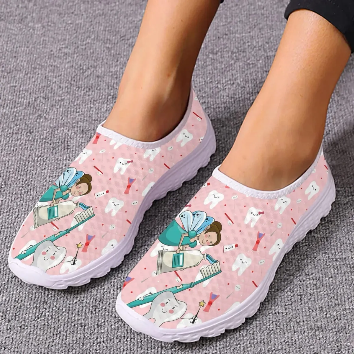 Dentist Shoes Women's Flats Cartoon Dental Nurse Print Breath Mesh Comfort Sneakers For Ladies Girls Summer Loafers — image 4