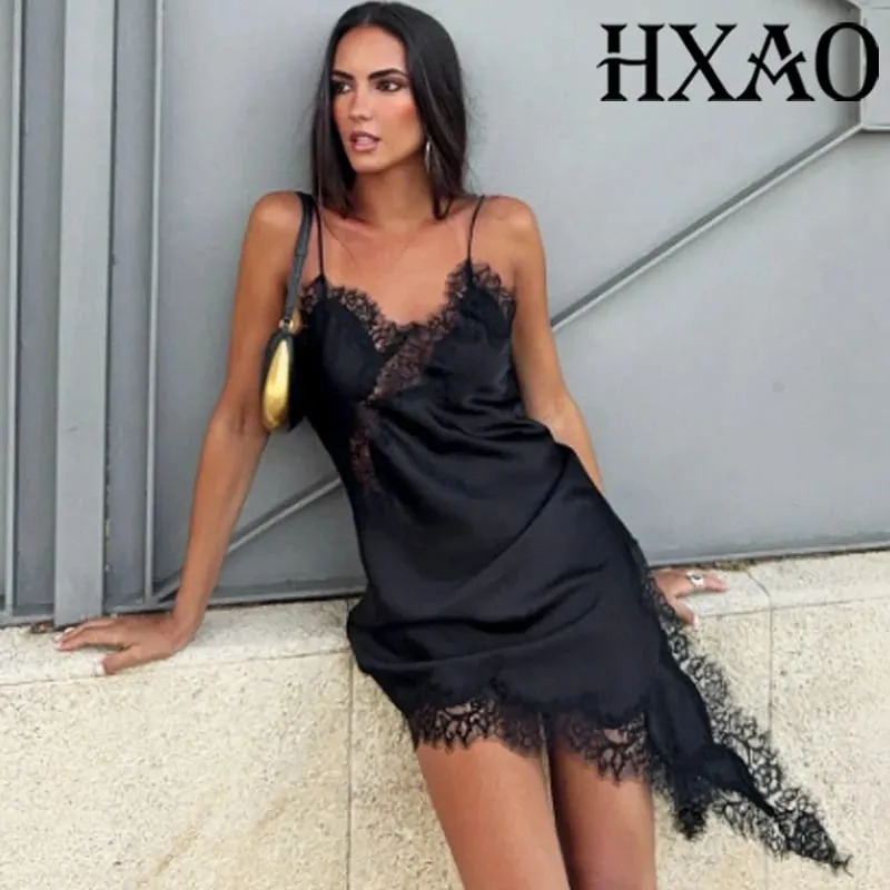 Slip Womens Dresses Sleeveless Black Lace Dress Woman Asymmetrical Elegant Party Dresses Sexy Backless Satin Yellow Dress