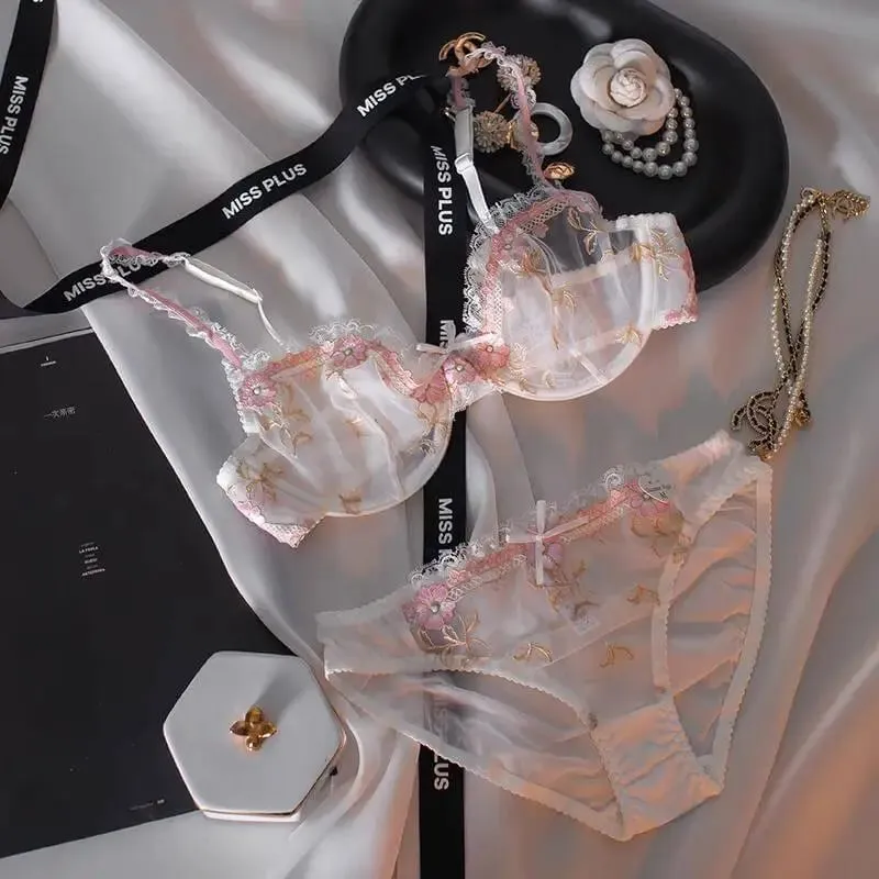 Women French Lace Transparent Lingerie Set Thin No Sponge Bra Anti-Slip Support Large Breasts Small Look Soft Comfort S-xl Set