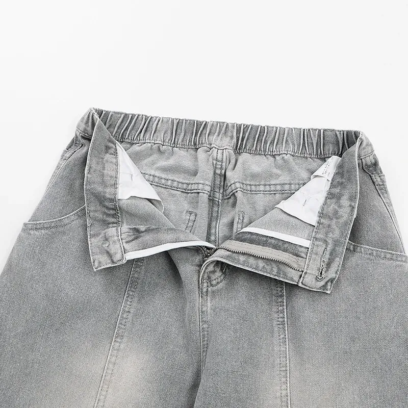 American High Street Curved Wide Leg Jeans For Men Vintage Grey Draped Loose Hip Hop Designer Bottoms