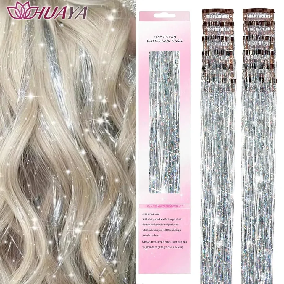 12Pcs/set Hair Tinsel Clip in Glitter Tinsel Hair Extensions Synthetic Shiny Sparkling Fairy Hair Tinsel Party Hair Accessories