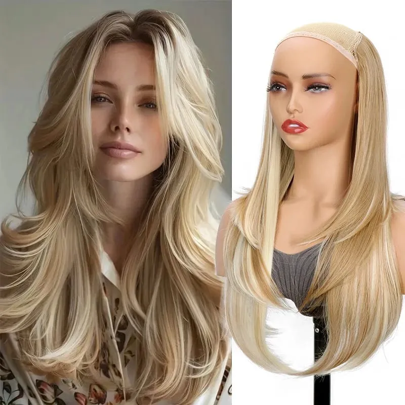 22Inch Synthetic Long Straight V-Shaped Layered Clip-In Hair Extensions for Women Invisible Seamless Hairpiece for Women