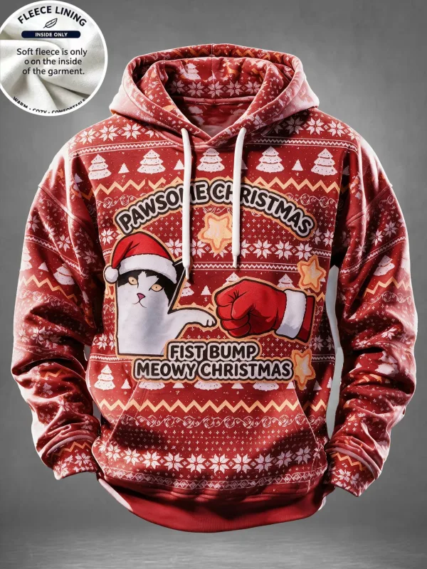 Men Fleece Lined Hoodie Comic Santa Christmas Print Pullover Hooded Sweatshirt Casual Winter Hoody