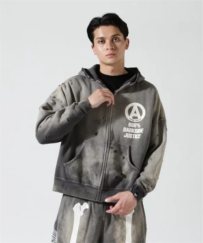 Mx6 × 26SS Zipper Retro Vintage New Letter Print Pocket Distressed Washed Cotton Hooded Sweatshirt Sweater Hoodies For Men