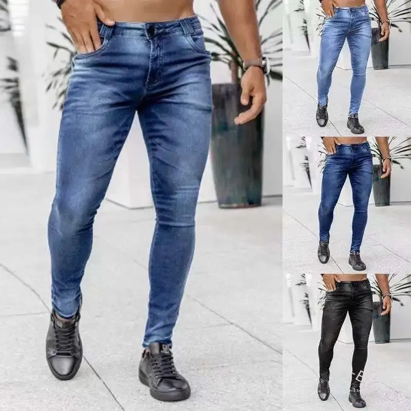 Men High Waist Skinny Jeans Stretch Pencil Pants Solid Color Ins Trendy Street Slim Fit Denim Trousers Male Casual Pants