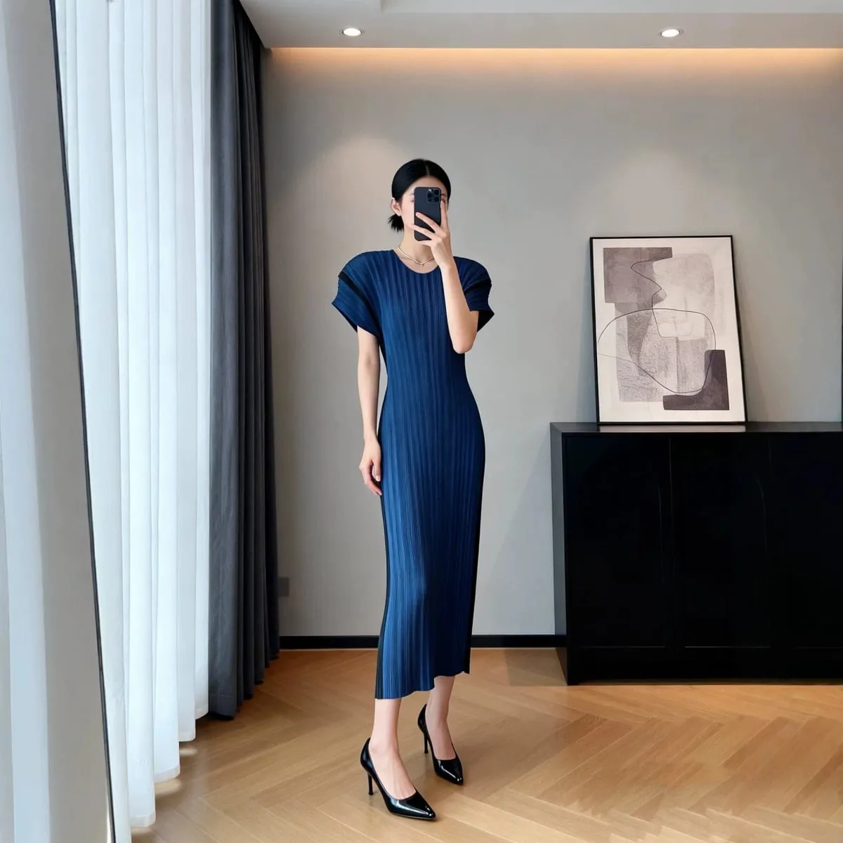 Miyake Stretch Pleated Slim Long Dress for Women Round Neck Short Sleeve Elegant Bodycon Midi Party Casual Dresses