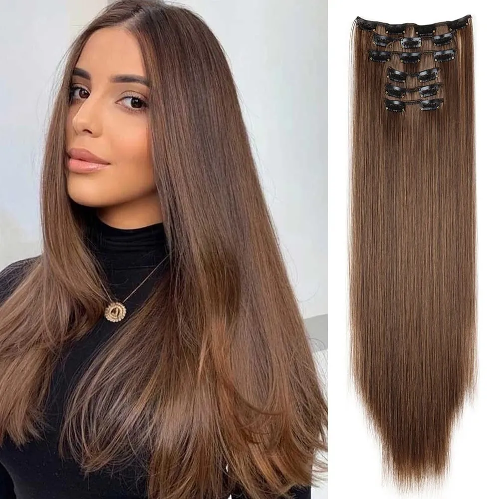 Black Hair Extensions 24"/60cm 6pcs/set Women Long Straight Synthetic Full Head Clip 16 Clips Ombre Heat Resistant Fiber Hair
