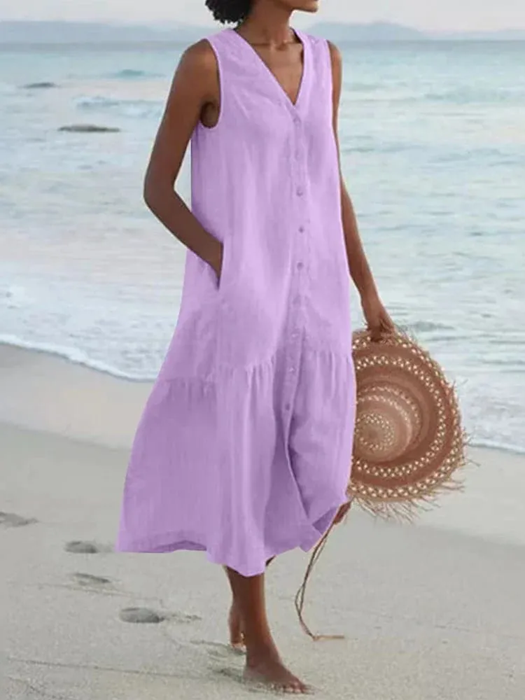 Sommer Lose Casual Patchwork Baumwolle Leinen Taschen Kleid V-ausschnitt Strand Stil Kleid Ärmelloses Vintage Club Midi Solide Frauen kleid