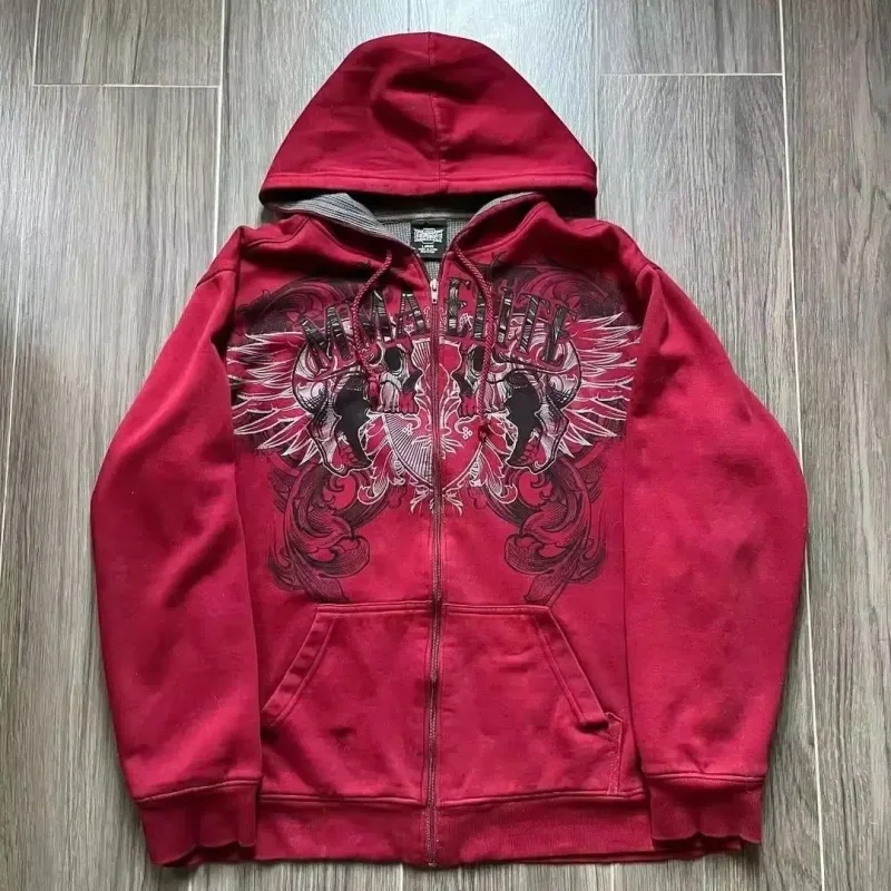 American Retro Rock Gothic Graphic Fur Collar Loose Zipper Sweatshirt Men's Y2K New Harajuku Punk Casual Joker Hoodie Streetwear