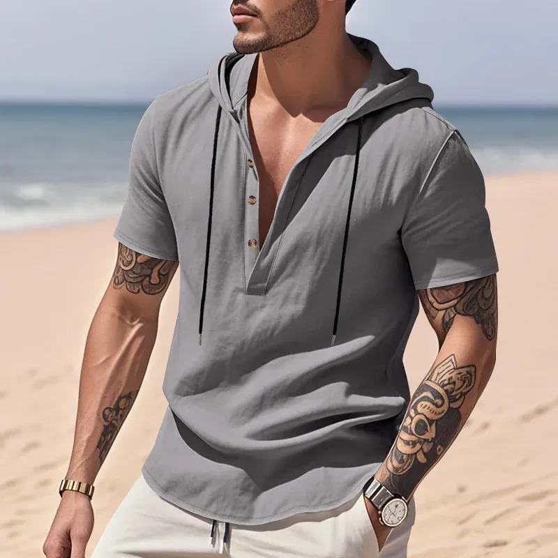 Hoodies men's sweatshirt 2026 summer linen hooded beach casual drawstring short-sleeved T-shirt sweatshirt man's clothing