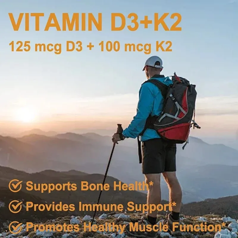 Vitamin D3 + K2 - Immunity Strong Bones Heart Health Joint Health Muscle - Promotes Calcium Absorption Supplement
