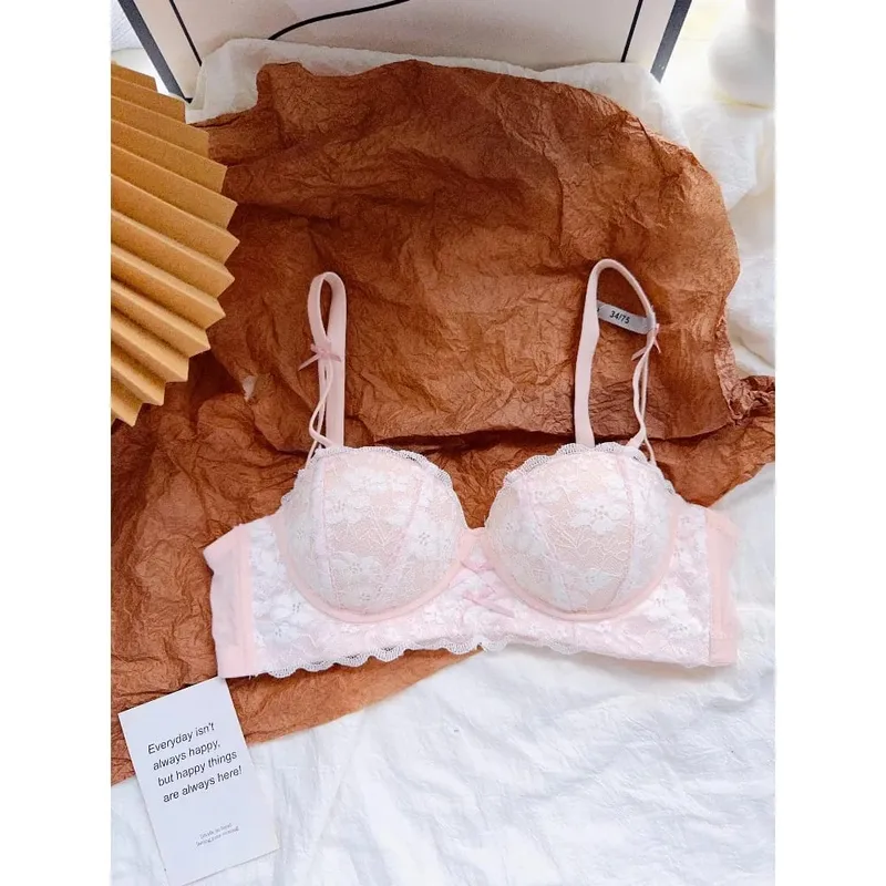 Sweet French Lace Women Bra Set Wire Free Push Up Lingerie Top Side Support Anti Sag Brassiere Panty Suit For Small Bust 32‑38