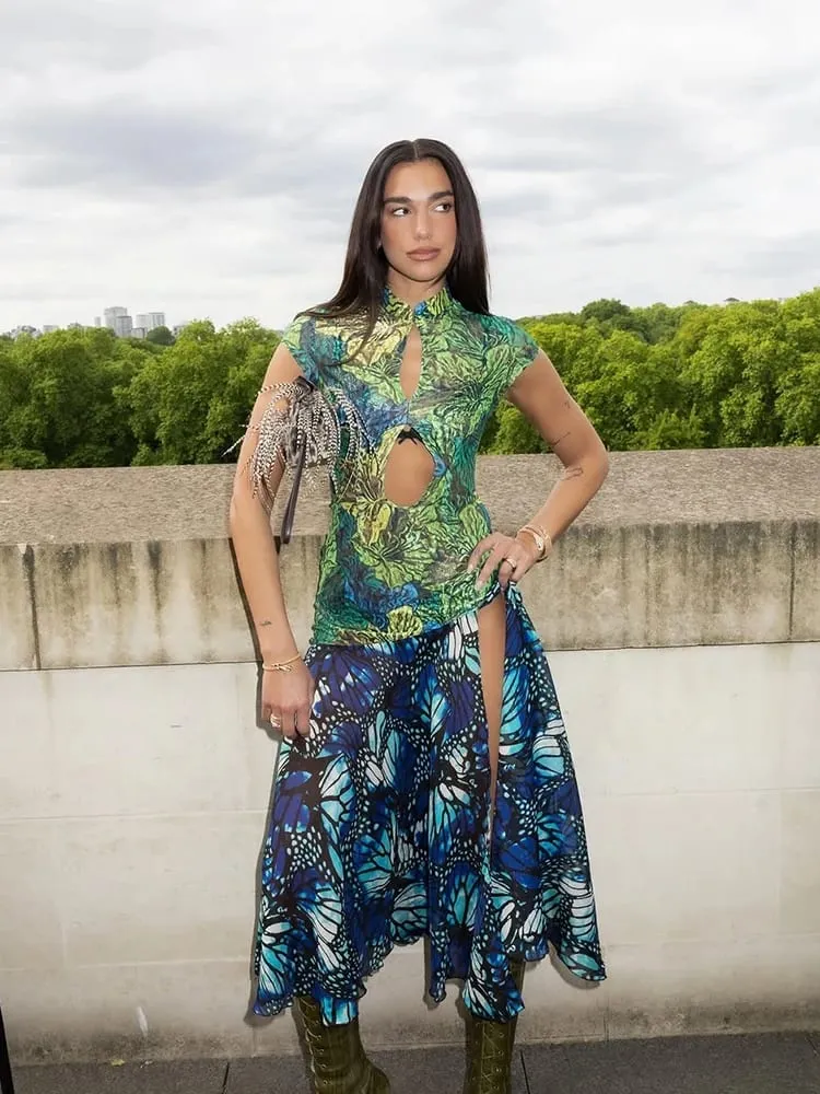 Jungle Butterfly Print Midi Dress Mandarin Collar Cutout Waist High Slit Dress 2026 Summer Festival Night Out Wear Women Vestido