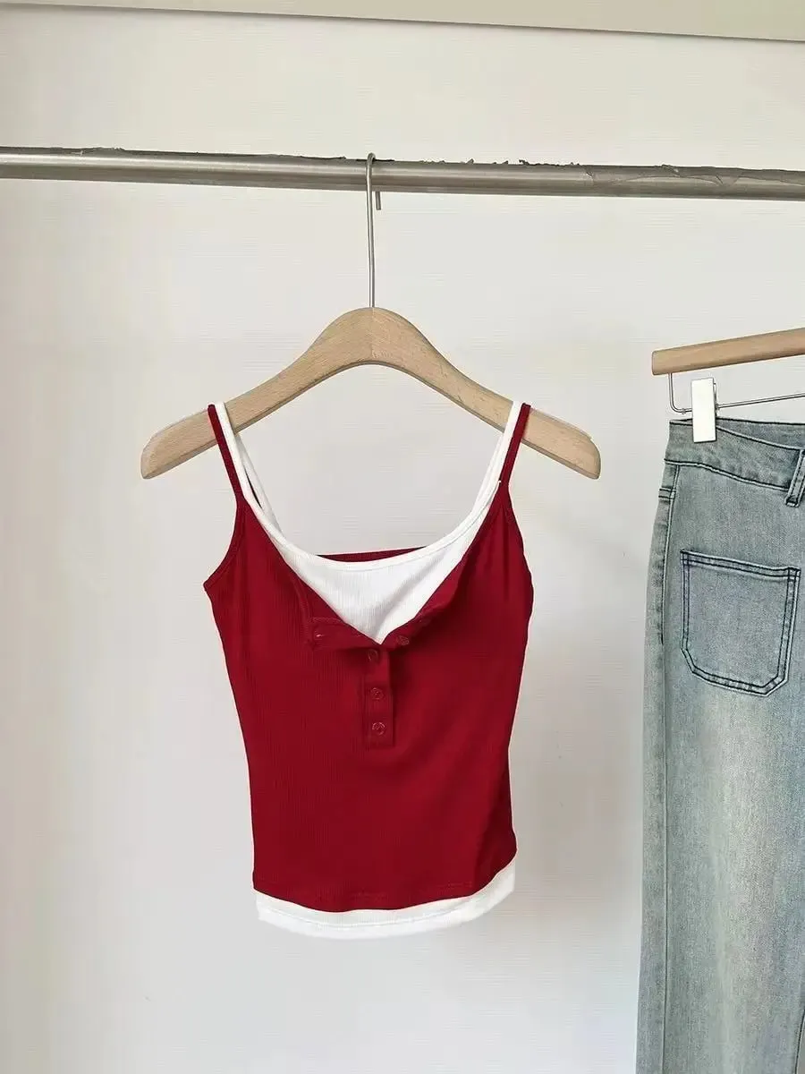 Fashion Fake Two Piece Camisole for Woman Spring Autumn Short Slim Fit Chest Pad Tank Women Korean Street Spicy Girl Clothes