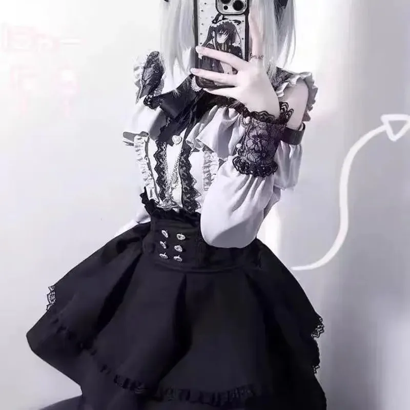 Sweet Lolita Style Lace Pearl Cute Print Shirt Dresses Japanese Kawaii Bow Dress Set Gothic Y2k Tea Party Women Dress 2025 New