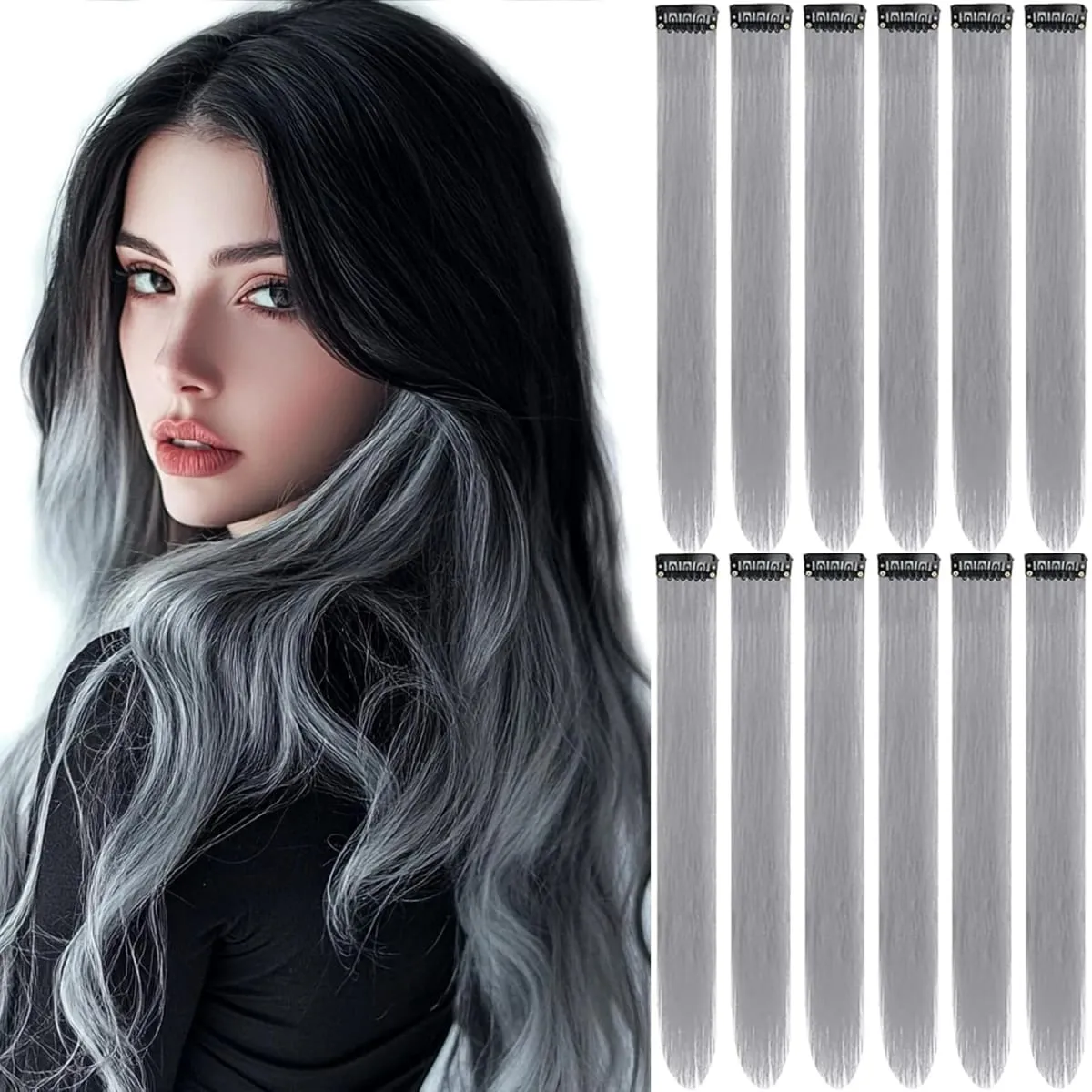 6/12 PCS White Hair Extensions Clip in Colored Party Highlights Extension Synthetic Hairpiece Straight 22 inch
