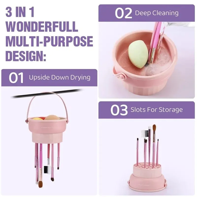 Makeup Brush Cleaner Mat 3 in 1 Silicone Washing Bowl with Brushes Scrubber Foldable Powder Puff Cosmetic Sponge Drying Tools