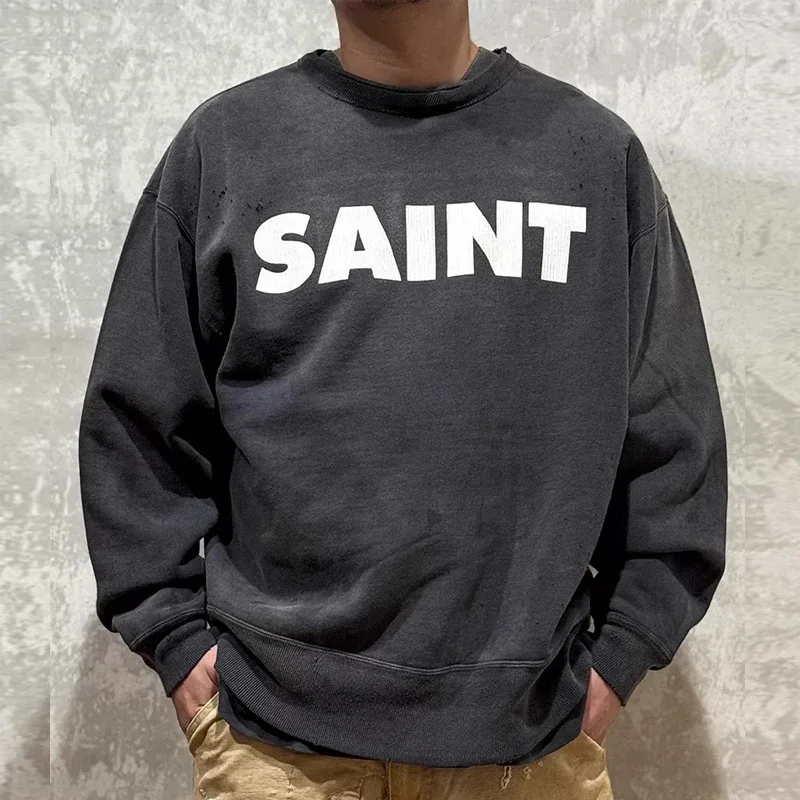 Autumn Winter Classic Overlapping Logo Print Saint Sweatshirts Men Women Couple Colorful Letters Graffiti Washed Black Pullovers
