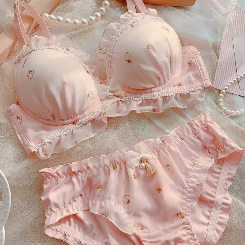 Cute Strawberry Print Wireless Thin Cup Push Up Bra Panty Set Kawaii Japanese Comfort Underwear For Small Chest Daily Wear S-XL