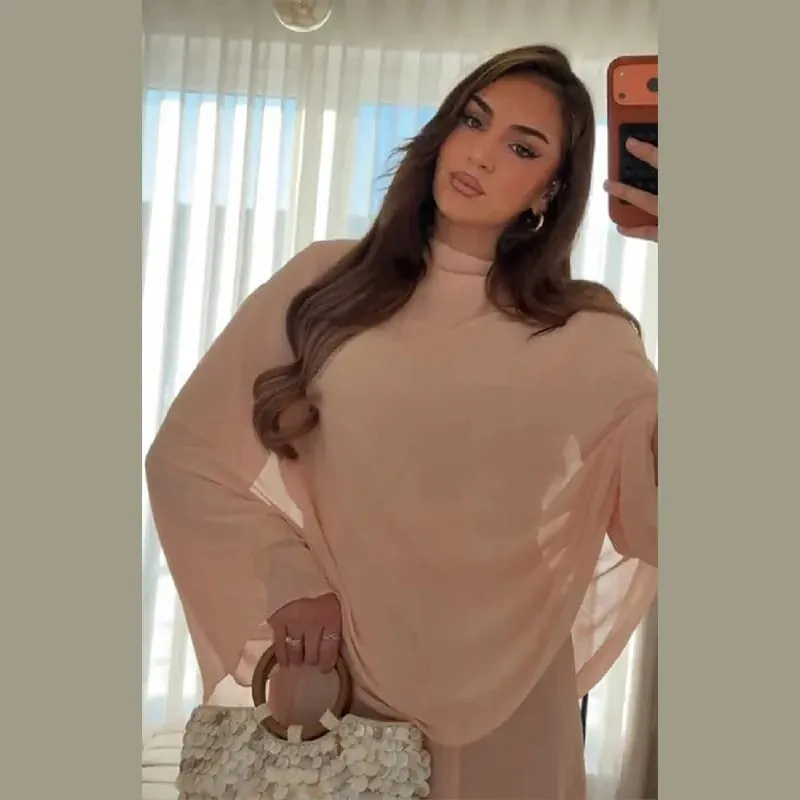 Minimalist Pink Chiffon Stand Collar Dresses Women Trendy Slim Fit Layered Shawl Sleeve Vestido Summer Beach Vacation Daily Gown