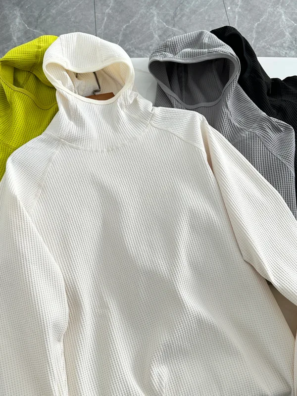 Lightweight Soft Elastic Waffle Grid Harajuku Style Half Face Hooded Loose Thin Sweatshirt Unisex Polyester Fiber Long Sleeve