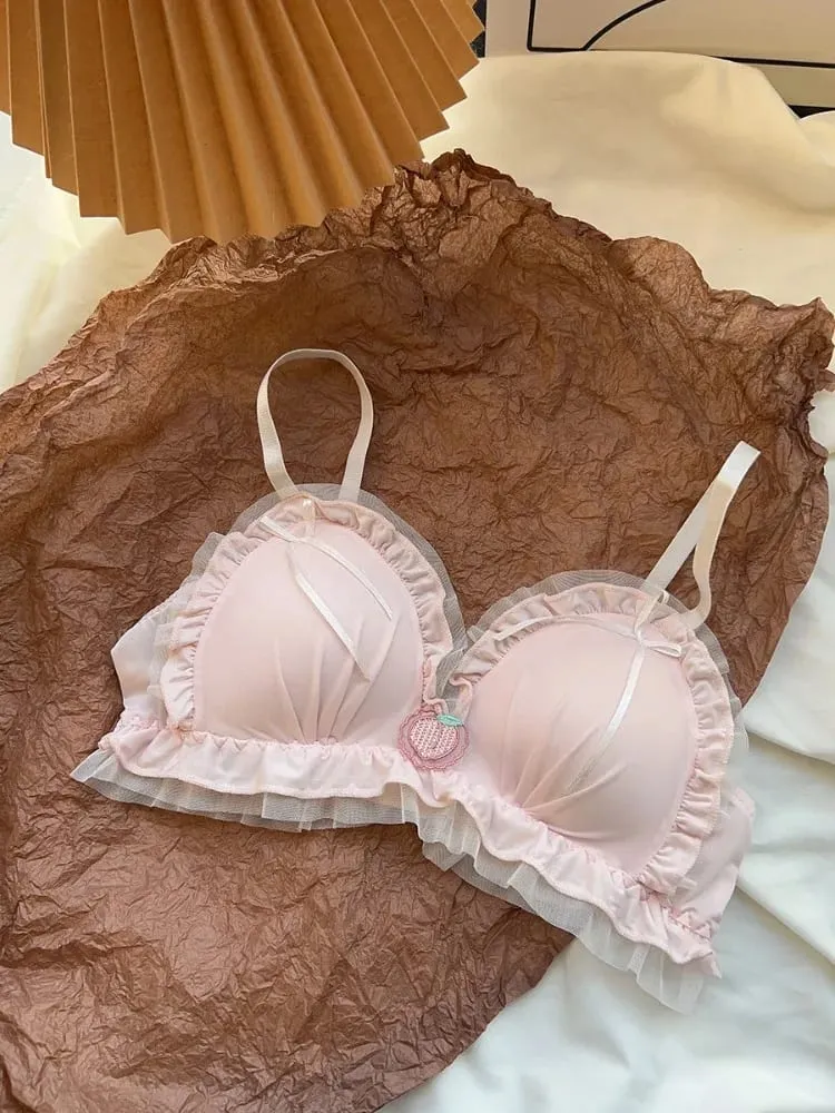 Sweet Kawaii Girl French Pure Mesh Triangle Bra Set Sheer See Through Non-Wired Thin Soft Lace Bra Panties S-XL Hot Sale Set