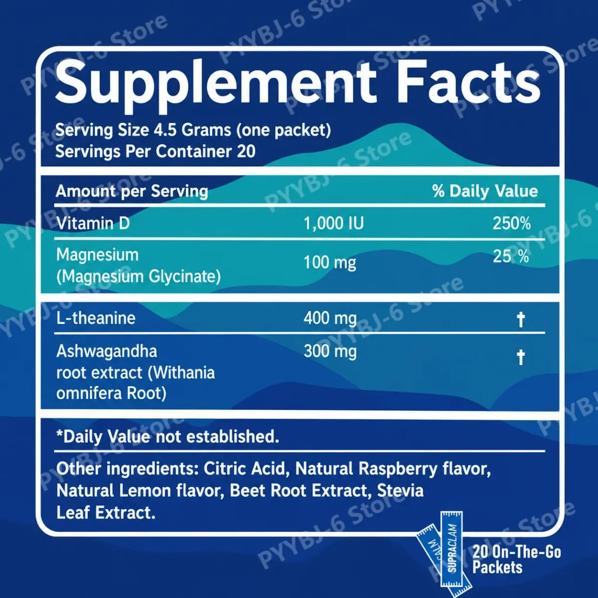 Ashwagandha L-Theanine แมกนีเซียม Glycinate วิตามิน D3 อาหารเสริมเครื่องดื่มผสมสงบอารมณ์ Focus สนับสนุน Raspberry Lemonade 20 แพ็คเก็ต