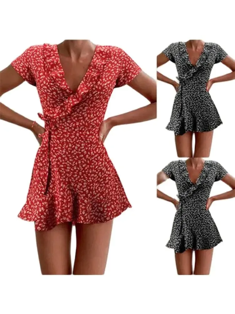 Sommar Dam Floal A-Line Klänning Söt Elegant Blommig Volanger V-ringad Bandage Kort Klänning för Lady Chic Flowers Miniklänning