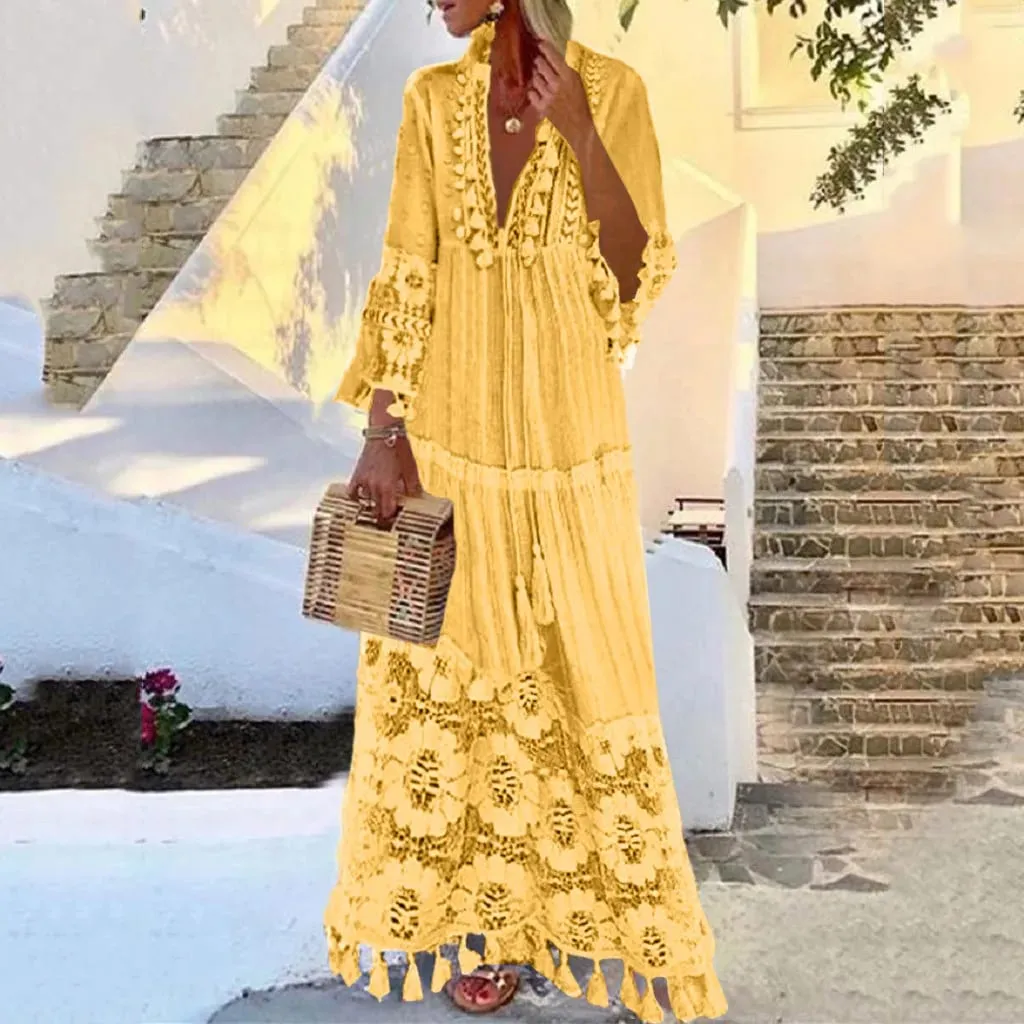 Damen Bohemian V-Ausschnitt Quaste Große Größe Freizeitkleid Frauen Spitze Solide Mode Kleid Elegante Robe Boho Urlaub Langes Kleid
