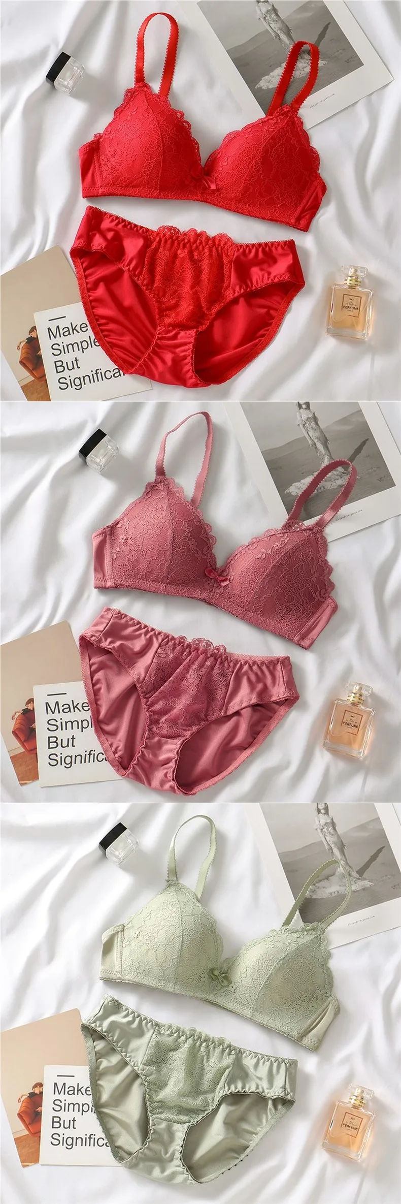 Women Lace Lingerie Set 32‑40ABC Cup Bow Decor Soft Comfort No‑Wire Bra And Briefs Breathable Intimate Underwear Suit