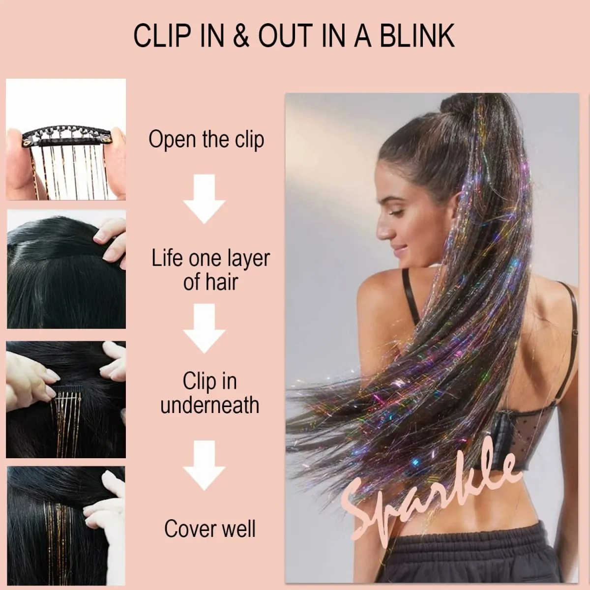 12PCs Clip in Hair Synthetic Tinsel Kit Holographic Hair Tinsel Shining Gold Professional Sparkle Heat-Resistant Silk Extensions