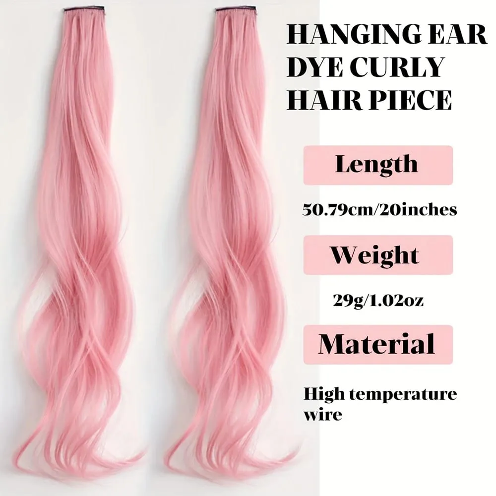 2Pcs Ear-Hanging Highlight Hair Coloring Strips Women's Long Hair One-Piece Colorful Hair Extensions Invisible Synthetic Wig