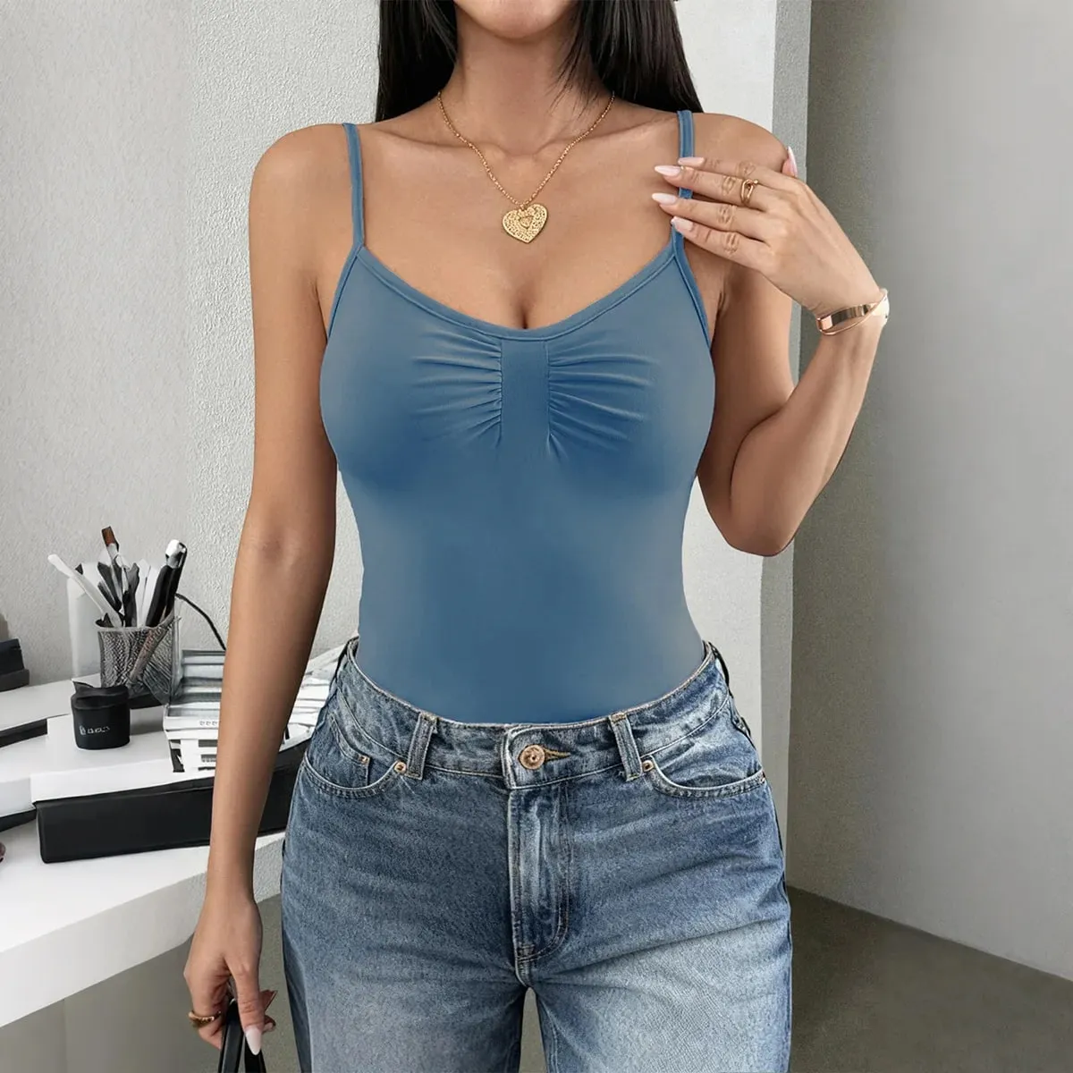 [You're My Secret] Brown Spaghetti Strap Bodysuit for Women Black Sleeveless Vest Top Y2K Gothic Bodysuit Fashion Streetwear