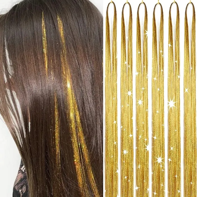6Pcs Hair Tinsel Kit 24inch 1200 Strands Glitter Tinsel Hair Extensions Shiny Colorful Tinsel Hair Party Highlights for Women