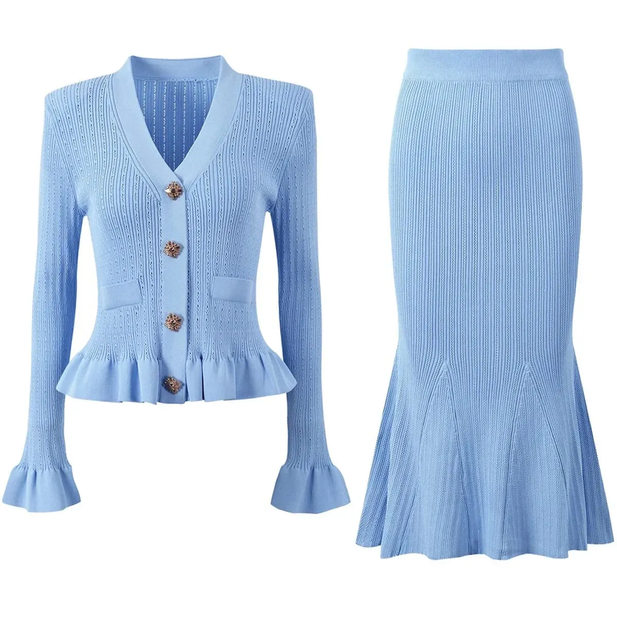 High Quality Fashionable Knitted V-Neck Slim Fit Long Sleeve Dress Set Elegant Ankle-length Sleeve Design Regular Waistline
