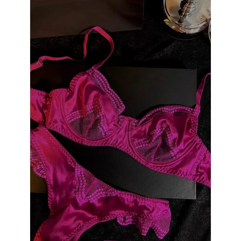 32-38 Women Elegant French Satin Bra Set Summer Thin Minimizer Uplift Support Lingerie Underwear for Big Bust Daily Outfitセクシーな