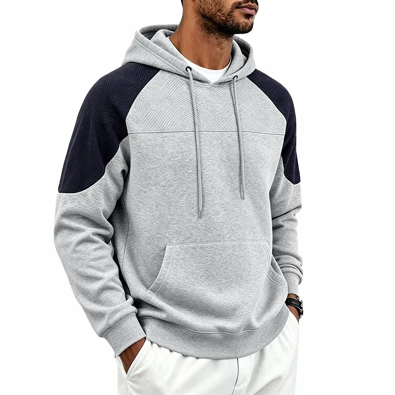 Men Patchwork Color Block Pullover Hoodie Drawstring Kangaroo Pocket Long Sleeve Loose Sweatshirt Autumn Winter Streetwear Tops