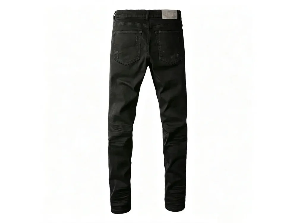 Men's Multiple Knee Ripped Slim Tapered Jeans Mid Rise Vintage Black Wash Heavily Frayed Button Fly High Street Style