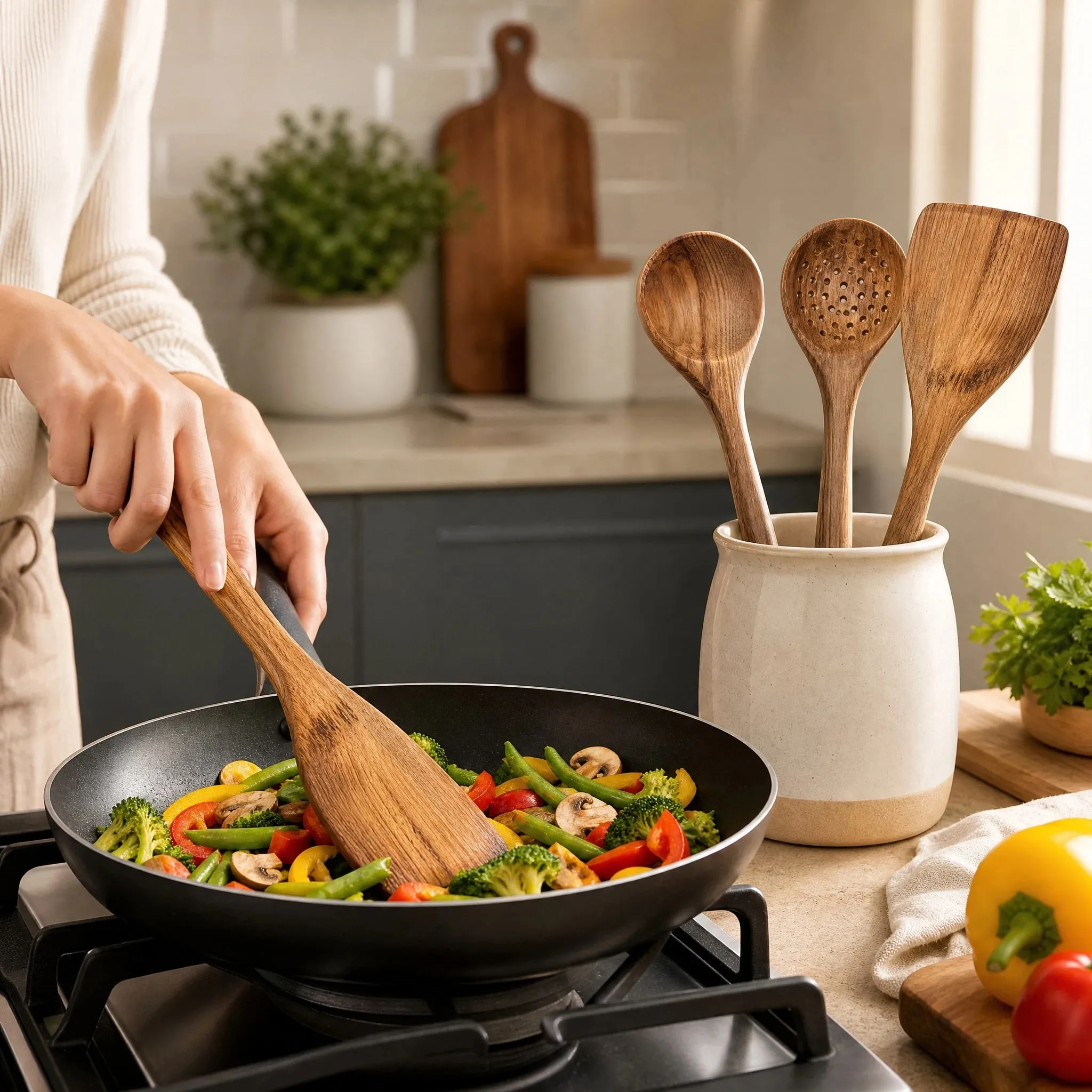 5pcs Wooden Utensil Set with Hanging Holes Food Grade Spoons and Spatula 24-33.7cm Non-Toxic Smooth Kitchen Tools for Cooking