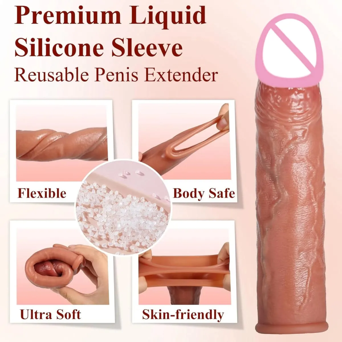 Realistisk 8''Penis Sleeve Sexlegetøj Til Mænd Silikone Penis Kondom Genanvendelig Penis Sleeve Penis Extender Mandlige Par Voksenlegetøj