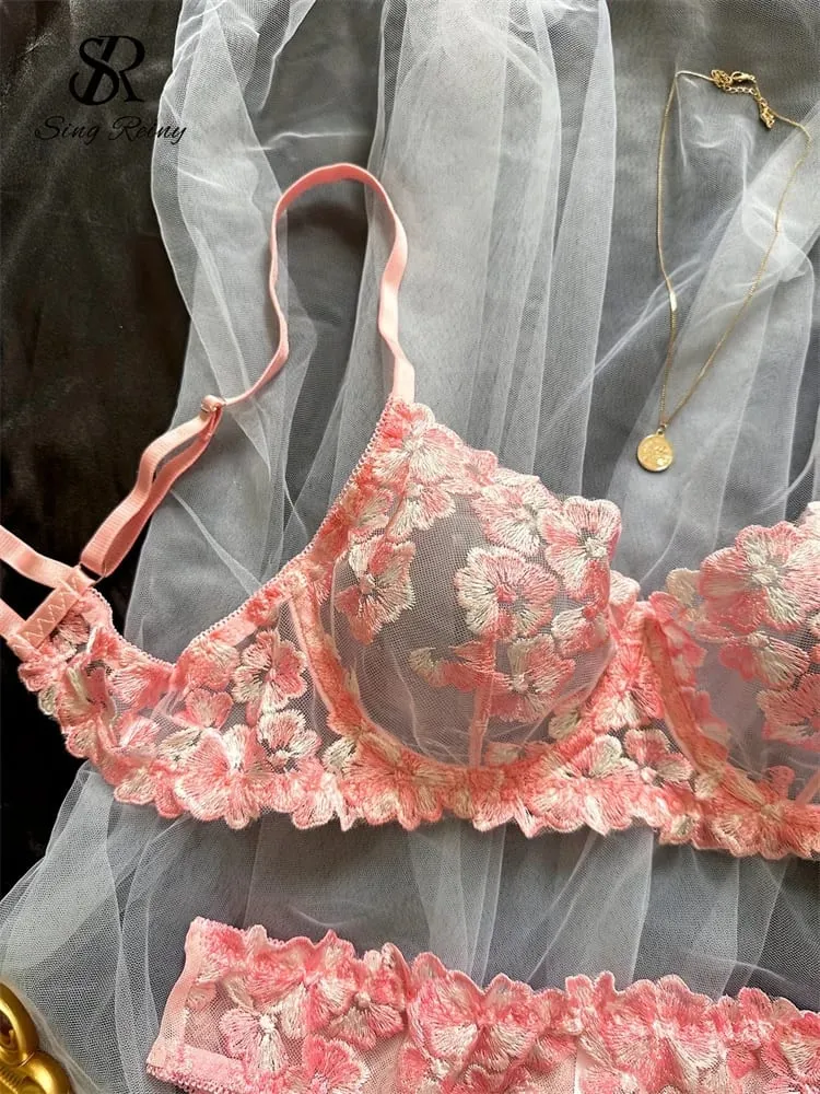 Διχτυωτό Sheer Εσώρουχα Δύο Κοστούμια Γαλλικά Floral Seusual Σετ Εσωρούχων Γυναικεία Κέντημα Σέξι Σετ σουτιέν και σλιπ