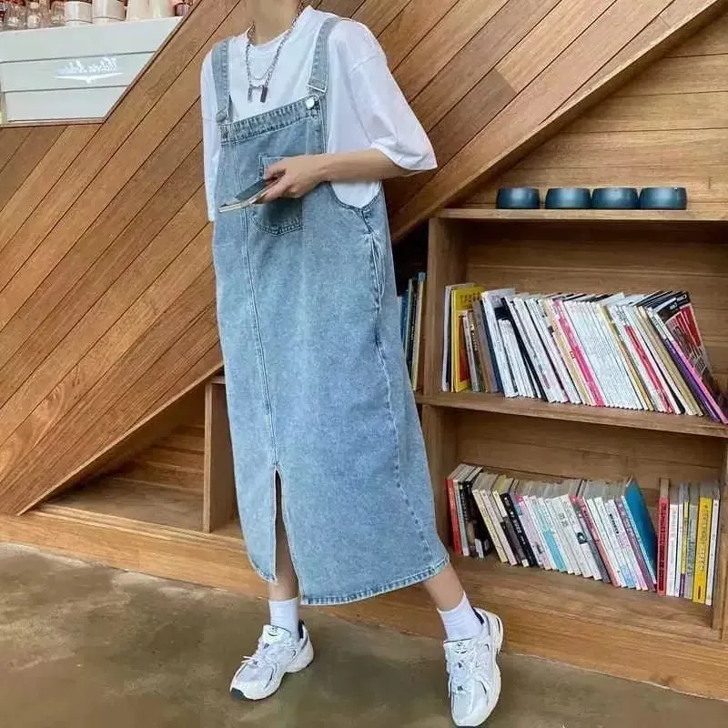 New Irregular Split Cowboy Denim Dress Women Sleeveless Jeans Dresses Fashion Female Solid Casual Loose Strap Dresses