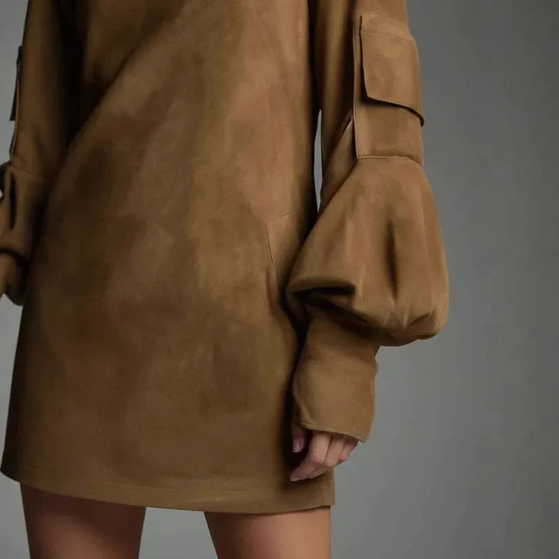 Autumn Retro Solid Suede Mini Short Dresses Sexy Turtleneck Slim Woman Pullover Dress Winter Long Sleeve Pockets Female Clothing