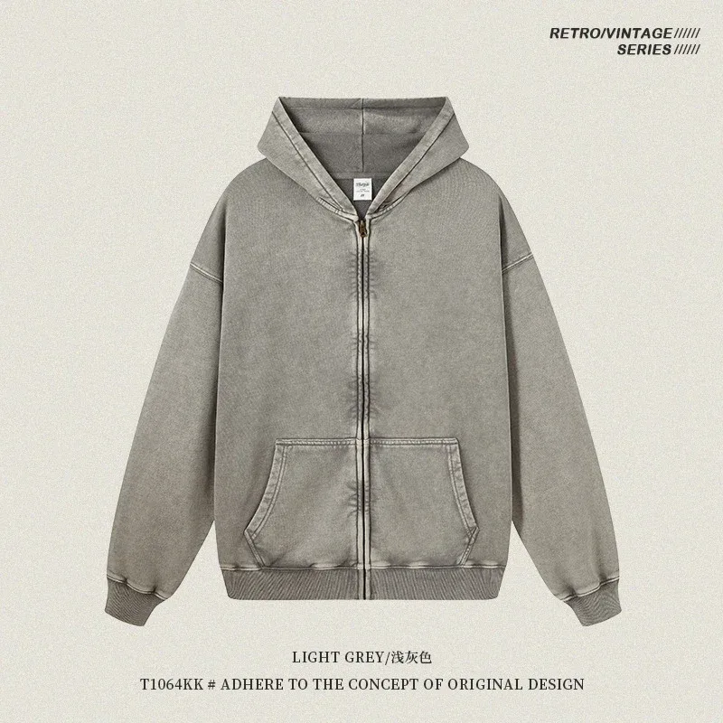 Retro Autumn Batik Washed Zipper Hoodie For Men Unisex Oversized Distressed 420gsm Terry 100% Cotton Hooded Coats HY0936