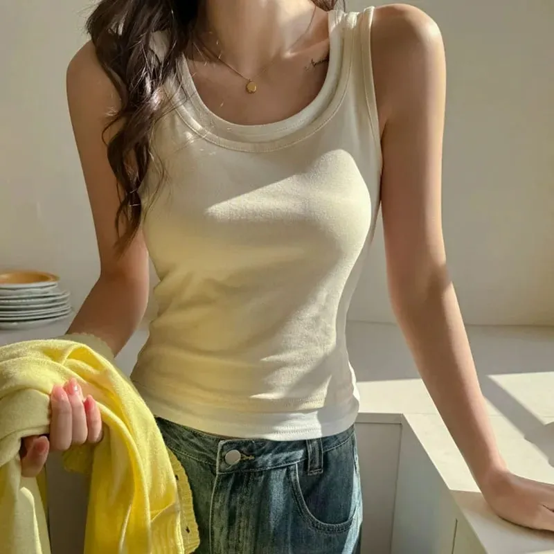 Y2K Fake Two Pieces Tank Tops for Women Fashion Contrast Color Round Collar Sleeveless Vest 2026 Summer New Slim Short Camis