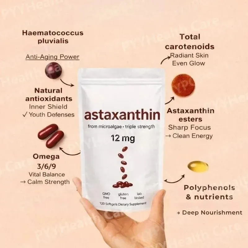 Astaxanthin 12mg Softgels with Oil From Plant-Based Microalgae with Oil Dietary Supplement 120 Pieces